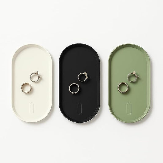 Silicone Vanity Tray - Oval Bathroom & Sink Tray (8.66x3.94 Inch) Dishwasher Safe Reusable Jewelry Organizer for for Bathroom, Desk, Vanity, and Cosmetics (Black&White&Green)