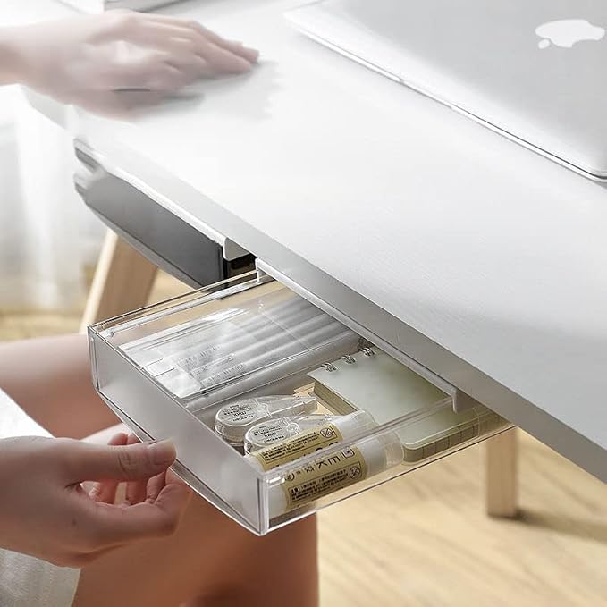 SOUJOY 3 Pack Under Desk Drawer, Self-Adhesive Slide Out Organizer Tray, Plastic Under Table Attachable Hidden Storage Organizer for Office Home School Kitchen Sewing Table