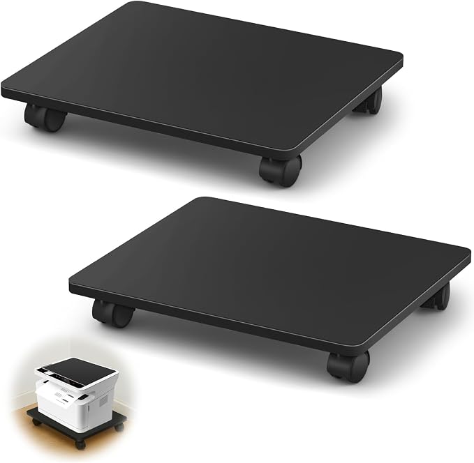 Beeveer 2 Pcs Office Under Desk Printer Stand with 4 Caster Wheels Black Movable Printer Copier Shelf and CPU Holder for Home Office Heavy Duty Storage Rack Scanner Fax Machine, 13.78 x 11.81 Inches