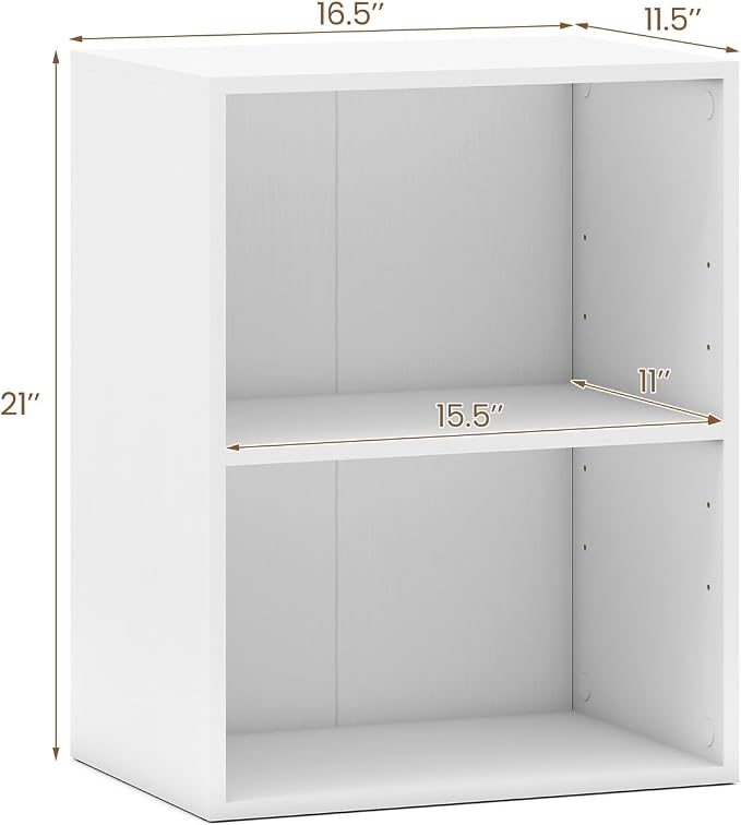 2 Cube Storage Organizer, 21" Small Bookcase with 5-Position Adjustable Panel, Under Desk Bookshelf, Modern Display Shelf, Wooden Cube Shelf for Home Office Bedroom (White)