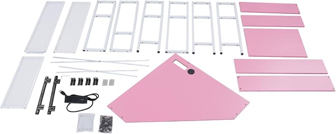 Corner Desk, Triangle Corner Computer Desk with 2 USB Ports and 2 AC sockets, Small Computer Desk with Hutch and LED Lights ComputerDesk for Small Space, Home Office Desk, Pink