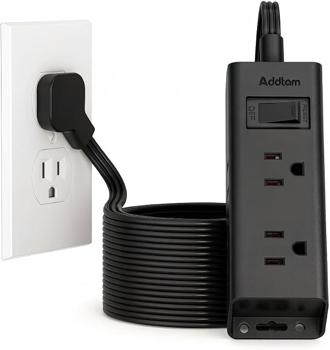 Addtam Flat Plug Power Strip with 6 Outlet Extender, 25 FT Extension Cord Flat Wall Plug with Multiple Outlets, No Surge Protector for Cruise Ship, Travel, Dorm, Home Office, Cruise Essentials, Black
