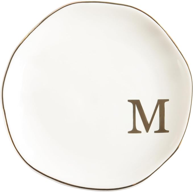 Ceramic Jewelry Tray Ring Dish Personalized M-Monogrammed Engagement Wedding Gifts, for Birthday Mother's Day for Women, Ceramic White 4.75" (M)