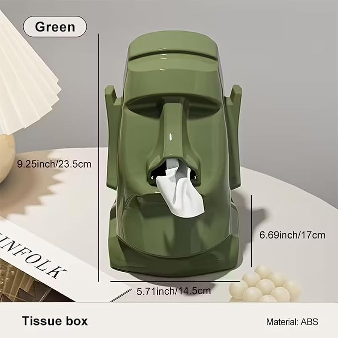 Creative Moai Tissue Box Holder with Headphone Holder, Suitable for Living Room, Bedroom and Other Desktop Storage Boxes, Green,Cream White, Black. (Medieval Green)