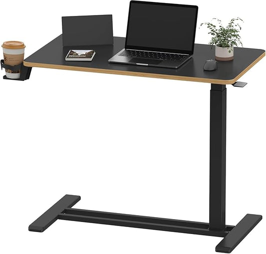 SANODESK Medical Adjustable Overbed Bedside Table with Hidden Casters, Pneumatic Mobile Laptop Computer Standing Desk Cart with Tray, Hospital and Home Use(31.5" W x 17.7" D, Black)