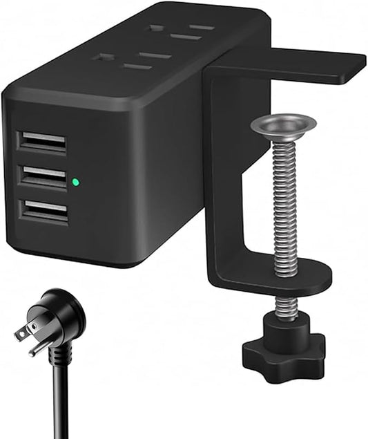 Compact Desk Edge Clamp Power Strip with 6-Outlet,3-USB-A-Port,Fit 2.4" Tabletop Edge,Table Leg.Meeoueoiu Desktop Mount Charging Power Station for Office Home,6.56ft Extension Cord,Black