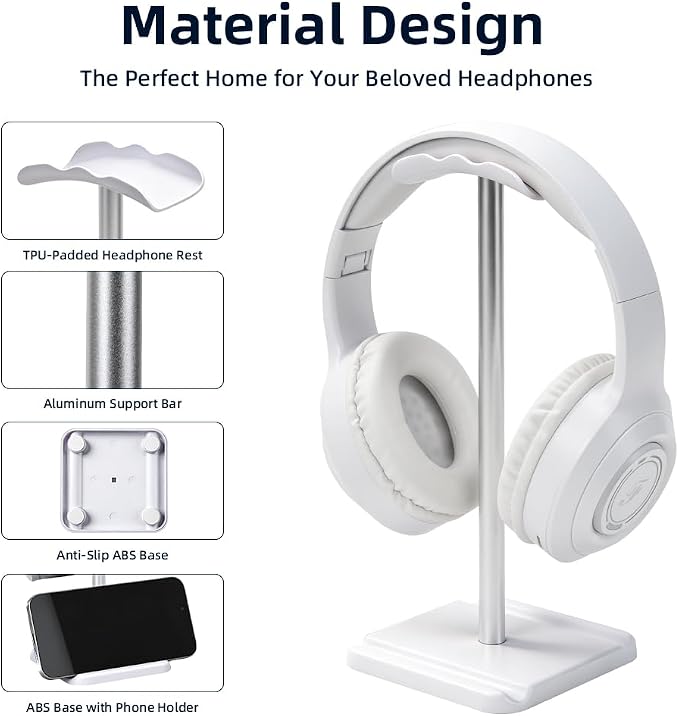 Headphone Stand, Headset Holder with Phone Holder for Desk Office Gaming, TPU-Padded Headrest, Aluminum Pole, Anti-Slip ABS Base, Universal Earphone Stand, 1 Pack White