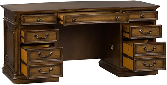 Pemberly Row Jr Executive Office Set, Medium Brown Finish, Antique Toffee Poplar & Birch Veneers, 5-Piece, Includes Desk, Credenza, Hutch, Adjustable Shelves, Touch LED Lighting, Wire Management