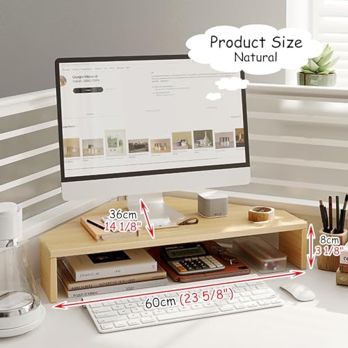 Wooden Corner Monitor Stand - Triangle Design Riser for Desk, Organizer for Keyboard & Mouse, Ideal for Home Office & Workspace Efficiency