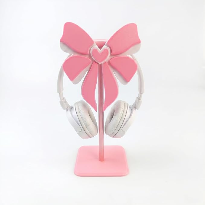 Pink Bow Headphone Stand for Desk - Upgraded Aluminum Alloy & Wood Gaming Headset Holder,, Cute Gamer Girl Gifts for Women, Girls, Wife, Office Decor with Anti-Slip Base (Pink Bow)