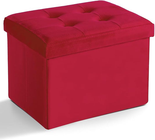 LINMAGCO Storage Ottoman Folding Foot Stool Velvet Foot Rest with Padded Modern Ottoman with Storage for Living Room Puppy Step Stool 17x13x13in(Neon Red)