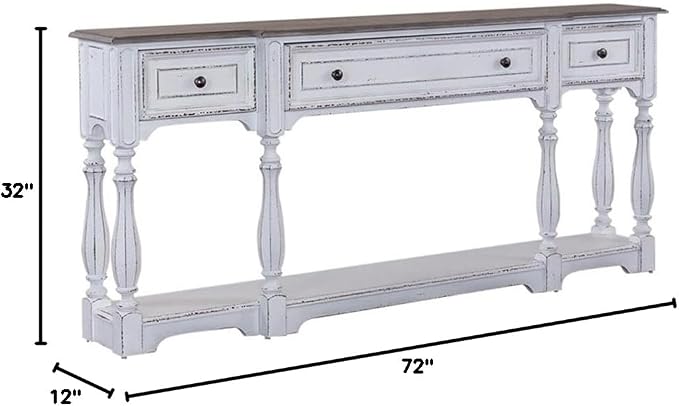 BOWERY HILL 72-Inch Console Table, Poplar Solids with White Oak and Birch Veneers, Antique White Finish, Weathered Brown Whitewash Top, 3 Drawers, Bottom Shelf, Traditional Hall Table for Storage