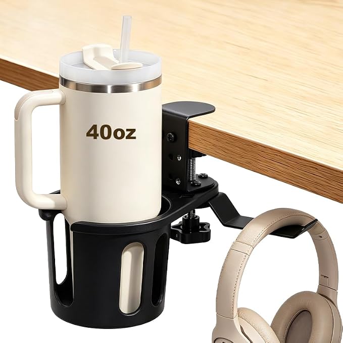 2-in-1 Desk Clamp Deep Cup Holder with Headphone Hanger, Anti-Spill Clip On Drink Holder for Table, Heavy Duty Metal Hook Mount Attachment (66 lbs), Gaming Desk Accessories