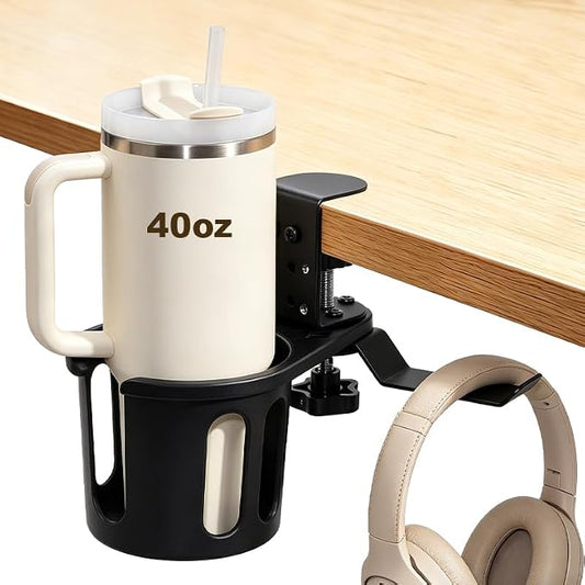 2-in-1 Desk Clamp Deep Cup Holder with Headphone Hanger, Anti-Spill Clip On Drink Holder for Table, Heavy Duty Metal Hook Mount Attachment (66 lbs), Gaming Desk Accessories