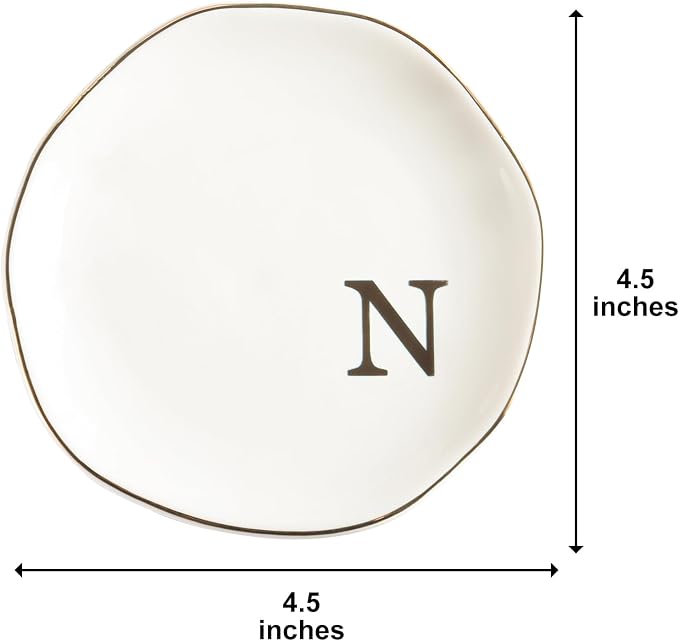 Ceramic Jewelry Tray Ring Dish Personalized N-Monogrammed Engagement Wedding Gifts, for Birthday Mother's Day for Women, Ceramic White 4.75" (N)