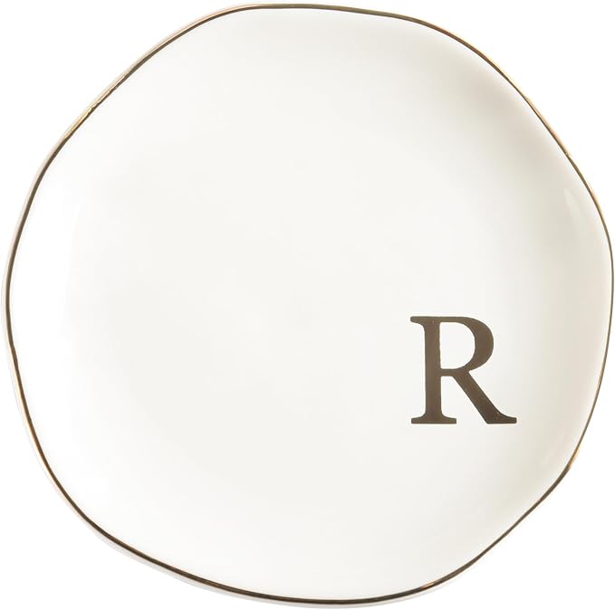 Ceramic Jewelry Tray Ring Dish Personalized A-Monogrammed Engagement Wedding Gifts, for Birthday Mother's Day for Women, Ceramic White 4.75"" (R)