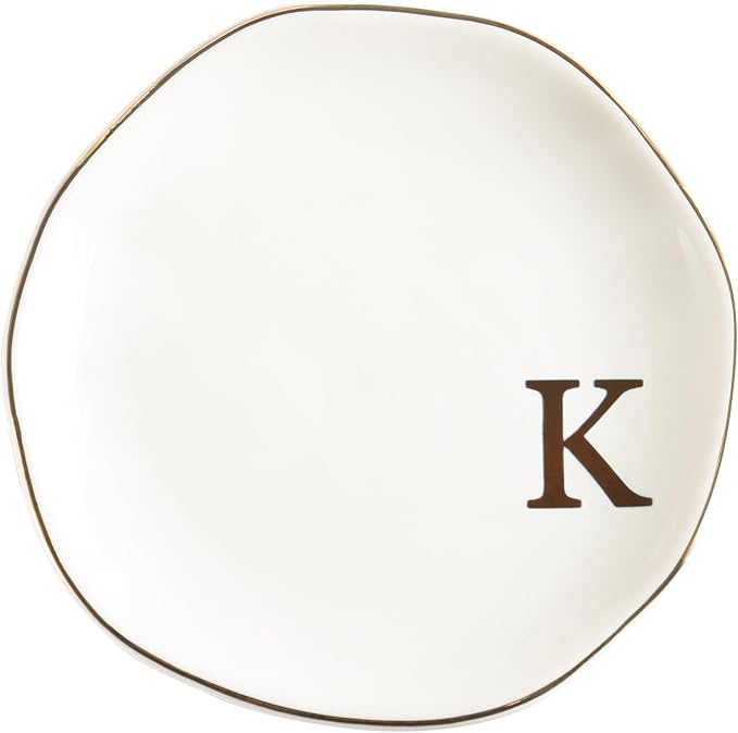 Ceramic Jewelry Tray Ring Dish Personalized K-Monogrammed Engagement Wedding Gifts, for Birthday Mother's Day for Women, Ceramic White 4.75" (K)