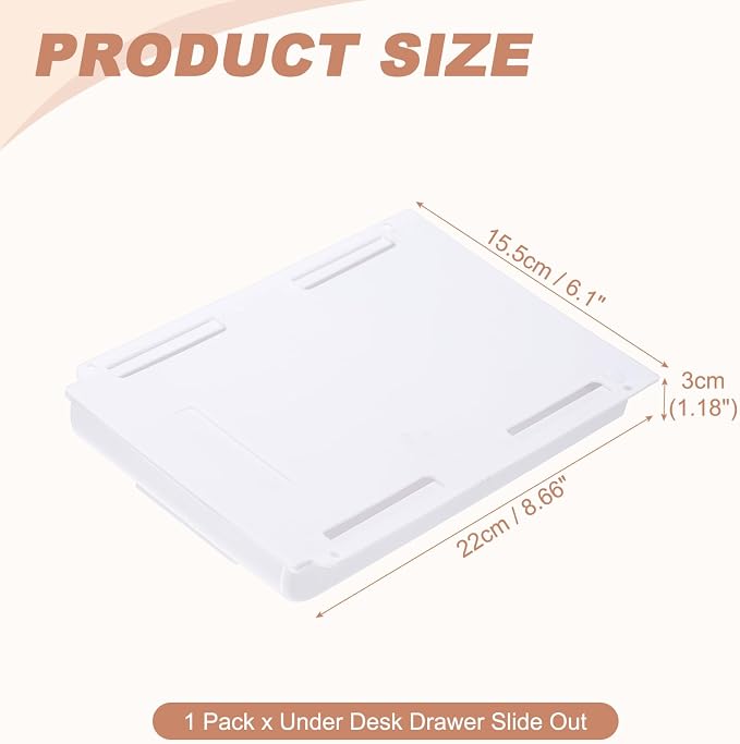 PATIKIL Under Desk Drawer Slide Out, 8.66 x 6.1" Plastic Table Storage Drawers Slide Out Storage Box for Laptop Study Desks Dining Dressing Tables Wardrobes Cabinets, White