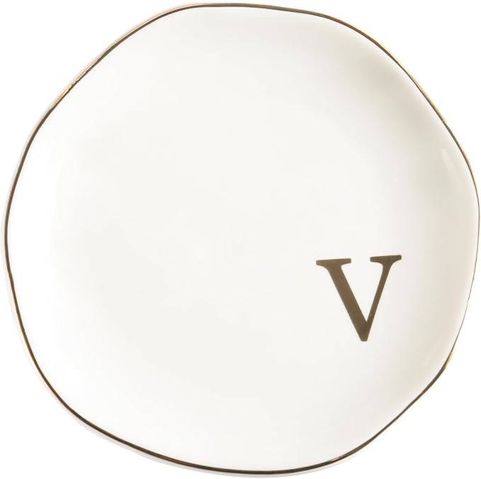 Ceramic Jewelry Tray Ring Dish Personalized V-Monogrammed Engagement Wedding Gifts, for Birthday Mother's Day for Women, Ceramic White 4.75" (V)