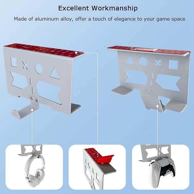 Aluminum Under Desk Mount for PS5/PS5 Slim/ PS5 Pro Digital & Disc, Securing Under Desk Bracket with Detachable Controller & Headphone Holder Kit No Drill (White)
