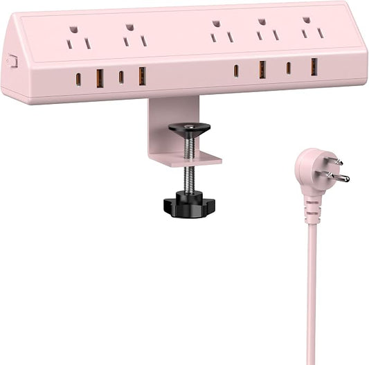 Jgstkcity Desk Clamp Power Strip,65W Fast Charging Station,4 USB-C,4 USB-A,1200J Surge Protector,ETL Listed,1875W Extension Cord,Multiple Outlets for Home, Office (Pink, 6 FT Cable)