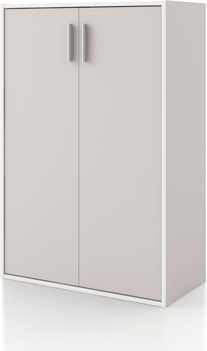 Homes: Inside + Out Apexa 3-Tier Stackable Wood Bookcase with Doors, Cube Storage Organizer Shelves, Small Food Pantry Cabinet, Dorm Teen Room Decor & Bedroom, Home Office, Kitchen, Taupe Grey
