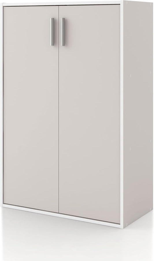Homes: Inside + Out Apexa 3-Tier Stackable Wood Bookcase with Doors, Cube Storage Organizer Shelves, Small Food Pantry Cabinet, Dorm Teen Room Decor & Bedroom, Home Office, Kitchen, Taupe Grey