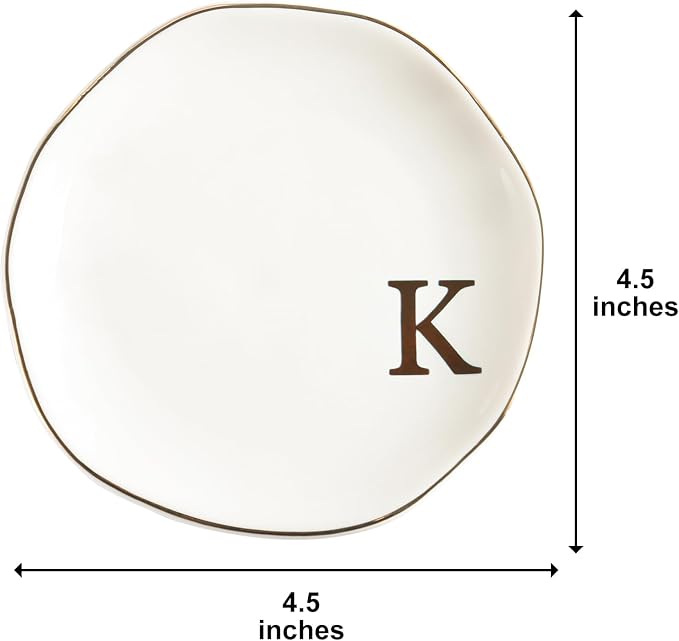 Ceramic Jewelry Tray Ring Dish Personalized K-Monogrammed Engagement Wedding Gifts, for Birthday Mother's Day for Women, Ceramic White 4.75" (K)