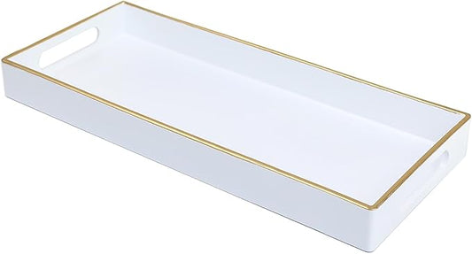 White Bathroom Vanity Tray for Countertop, Small Plastic Toilet Tank Versatile Storage & Organization Tray for Makeup, Perfume, Desk, Kitchen, Candles, 13.7"x6"x1.4", 35W