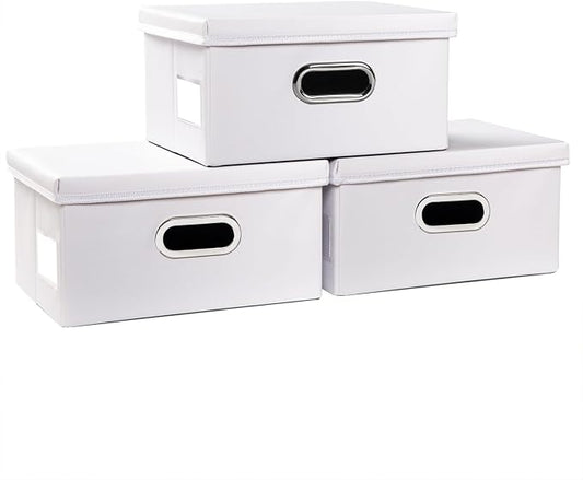 PRANDOM Collapsible Storage Box with Lid [3-Pack] Leather Fabric Foldable Storage Bin Organizer Container Basket Cube with Cover for Home Bedroom Closet Office Nursery White(13.6x9.6x6.9)
