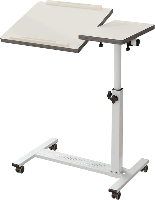 TigerDad Over Bed Table with Wheels Adjustable | Rolling Laptop Table Overbed Desk Hospital Tray Table Sofa Chair Side Table for Home Office (White)