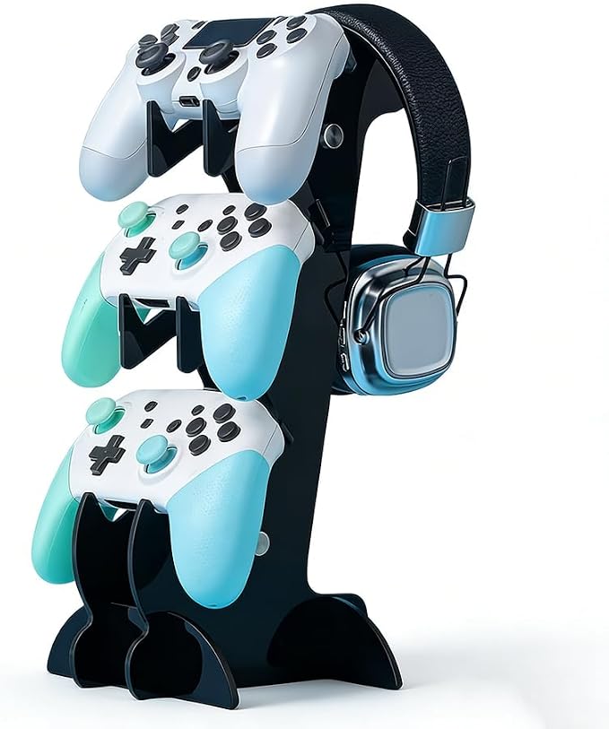 3-Tier Game Controller & Headphone Stand, Black Acrylic Storage Rack, Compatible with PS5/PS4/Xbox Series X/S/Switch Pro Controllers, Desktop Organizer for Gaming Accessories