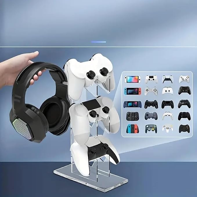 Controller Stand 3 Tiers, Universal Controller Holder Headphone Stand, Headset Holder, Acrylic Controller Display Stand Compatible with Xbox, PS5, PS4, Nintendo Switch - Ideal Desk Mount for Gamers