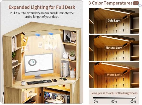 Corner Desk with Shelves-&LED Reading Light,Triangle Home Office Desk w/Charging Station for Work & Study,File Cabinet Storage Bookshelf for Small Space （Natural Wood）