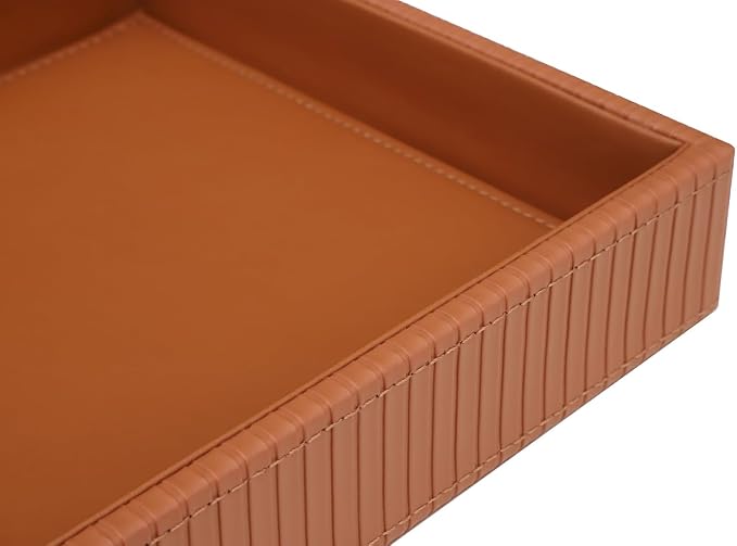 HofferRuffer Faux Leather Vanity Tray, Elegant Desktop Storage Organizer, Decorative Catchall for Perfume, Bathroom Valet, Nightstand or Dresser, 10.2 x 8.4 x 1.8 inches (Brown Stripe)