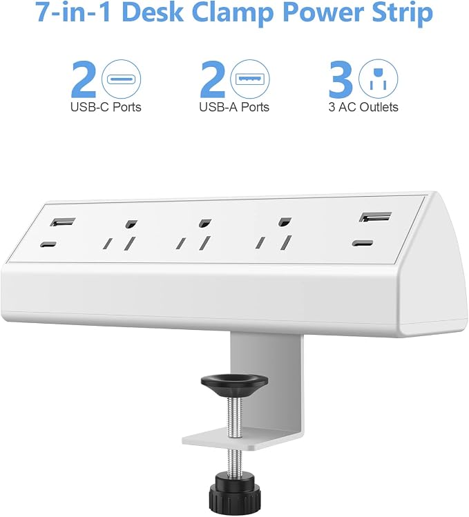 Jgstkcity Desk Clamp Power Strip,40W Total Fast Charging Station,2 PD 20W USB C Ports,Desk Edge Mount Surge Protector for Home, Office,3 Outlets,Fit 1.96" Tabletop Edge,ETL Listed,White (Pack of 2)