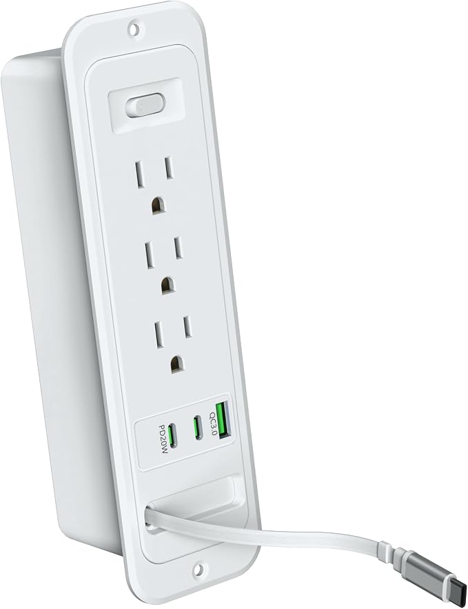 Recessed Power Strip with Retractable USB C Cable,2 PD 20W USB C,Flush Mount Countertop Drawer Outlet, Furniture Hidden Outlet for Side Table,End Table,3 Outlets (Grey, 6FT-20W USB)