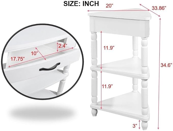 3-Tier Corner Display Rack Small Corner Table Wood Triangle Side Table with Drawer & 2 Open Shelves Multipurpose Shelving Unit for Living Room Bedroom (Milk White)