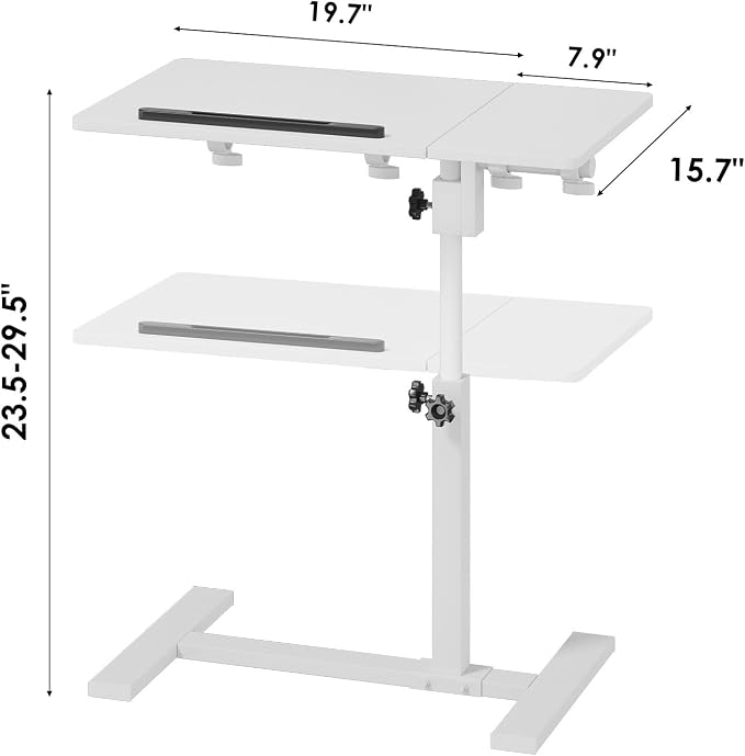 Laptop Desk Bedside Table with Wheels Laptop Stand for Couch Adjustable Tv Tray C End Table, Mobile Sofa Snack Table with Tiltable Top, White