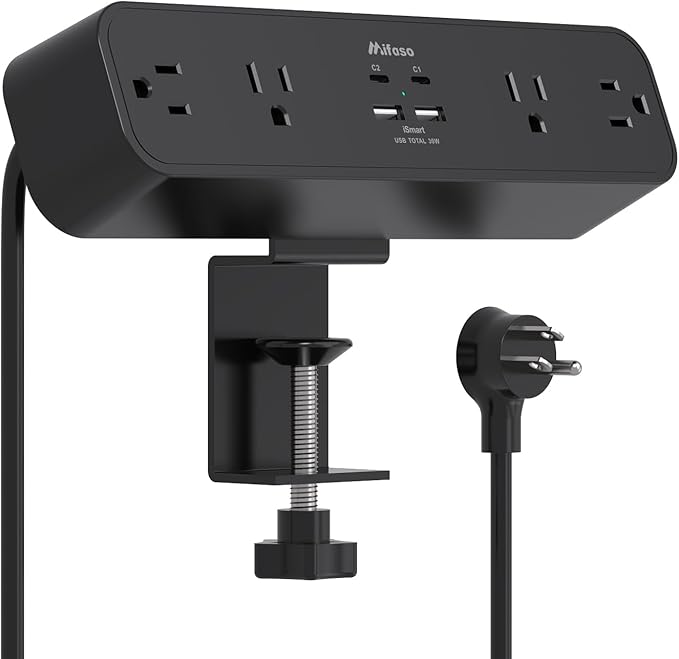 PD30W Desk Clamp Power Strip, Desktop Mount Surge Protector, Fast Charging Station, 5Ft Extension Cord Desk Mount Shelf with 4 Outlets 4 USB Ports (2 USB C), Home Office Accessories Essentials, Black