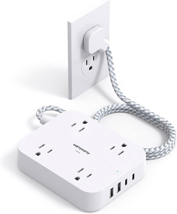 Surge Protector Power Strip, HANYCONY 5Ft Extension Cord with 4 USB Ports(2 USB C), 4 Widely Outlets Extender, Wall Mount, Desk Charging Station for Office Travel College Dorm Room Essentials