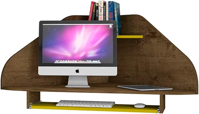 Manhattan Comfort Bradley Corner Floating Desk with Shelves & Gliding Keyboard Drawers, Wall Mounted Table for Small Spaces, Home Office and Bedroom, Mid Century Modern Design, Rustic Brown/Yellow