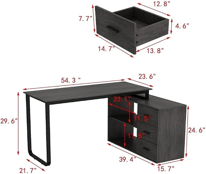 Homsee Home Office Computer Desk Corner Desk with 3 Drawers and 2 Shelves, 54 Inch Large L-Shaped Study Writing Table with Storage Cabinet - Dark Gray & Black