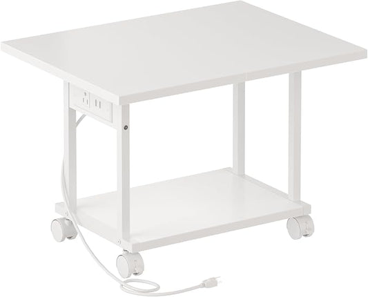 Asgolion Printer Table, 2-Tier Under Desk Printer Stand with Charging Station, Printer Stand with Wheels, PrinterShelf for Small Spaces, Printer Cart for Home Office White