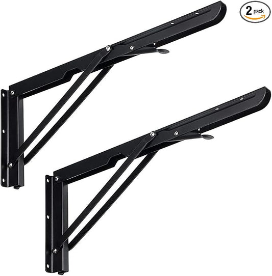 Folding Shelf Brackets 16 Inch - Heavy Duty Foldable Floating Shelves Brackets, 2 Pcs Fold Down Shelf Wall Mounted, Black Folding Table Brackets with Wall Screw, Max Load 132lb