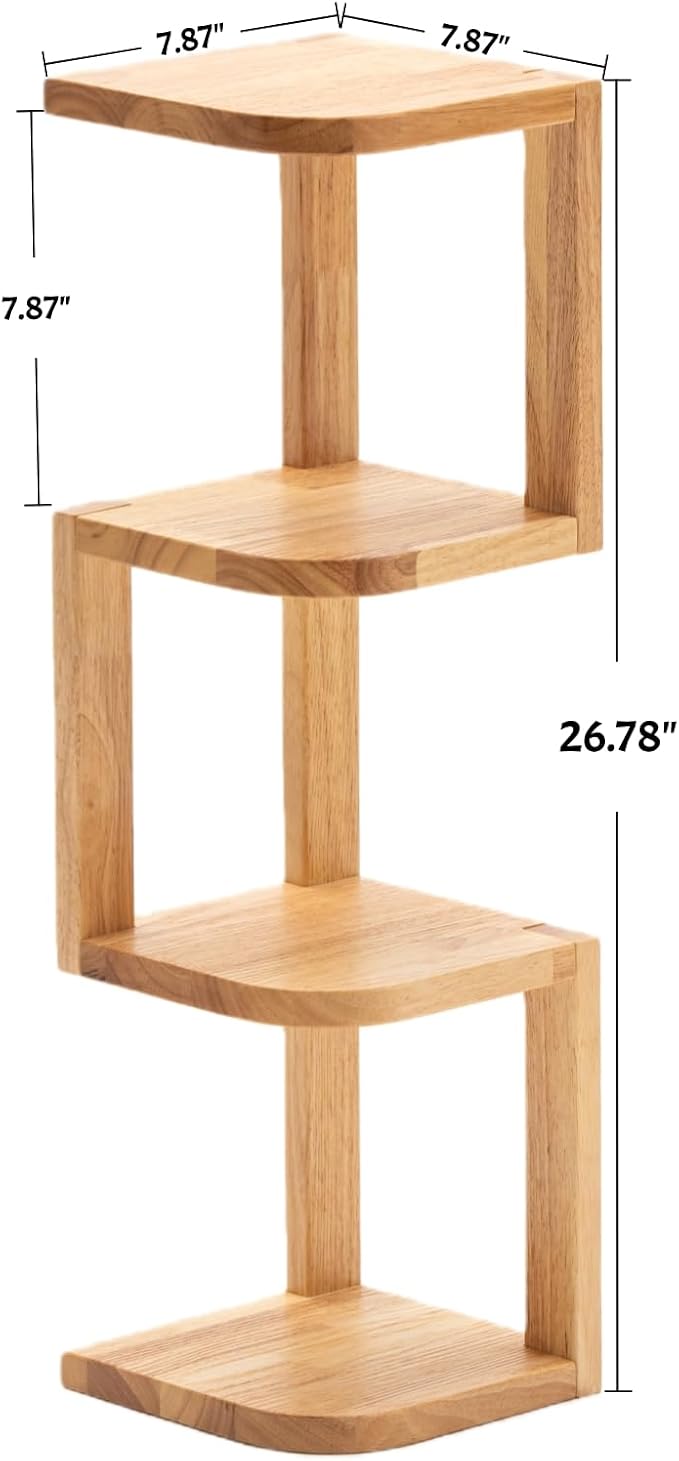 Corner Shelf Stand Desk Organizer,26.8" H Rubberwood Brown Rack for Small Spaces, Bedroom,Home Office,Kitchen,Bathroom (Natural, 4 Tier)
