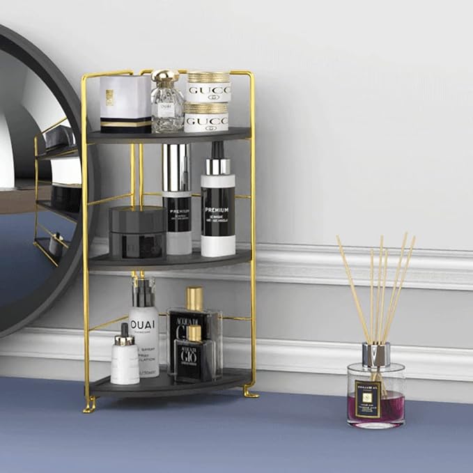 3-Tier Bathroom Countertop Organizer, Vanity Tray Cosmetic & Makeup Storage, Kitchen Spice Rack Standing Shelf, Corner Storage Shelf, Black & Golden