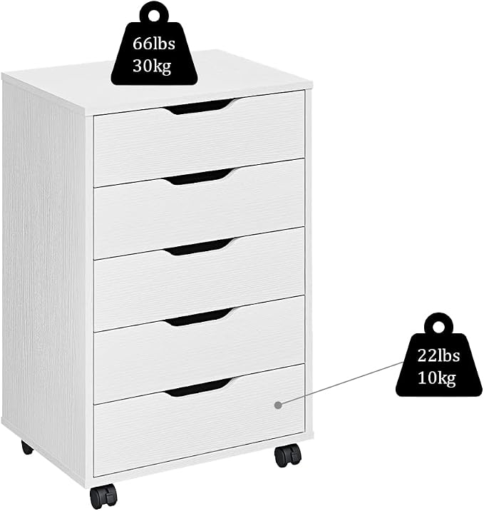 Panana 5/7 Drawer Mobile File Cabinet, Wooden Under Desk Storage with Wheels Office Organization Vertical Filing Chest of Drawers for Home Office (White, 5 Drawer)