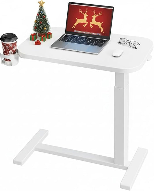 HUANUO 28Inch Bedside Table with Wheels, Height-Adjustable Rolling Computer Cart, Overbed Table with Cup Holder, Pneumatic Laptop Standing Desk for Home Office, White