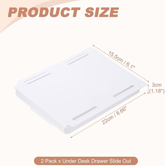 PATIKIL 2 Pack Under Desk Drawer Slide Out, 8.66 x 6.1" Plastic Table Storage Drawers Slide Out Storage Box for Laptop Study Desks Dining Dressing Tables Wardrobes Cabinets, White